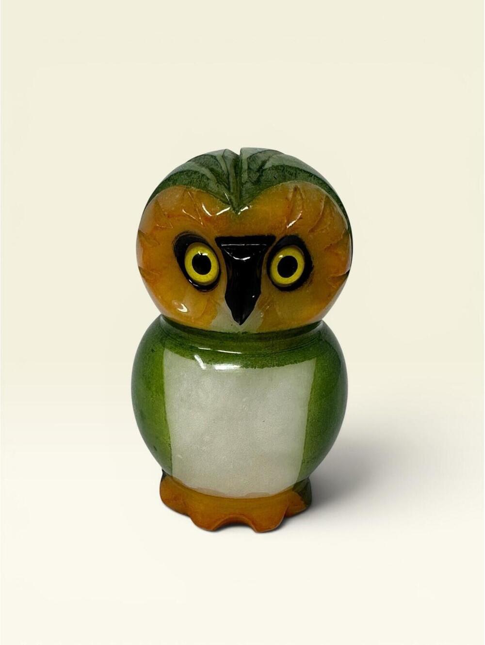 Alabaster Owl Figure Ducceschi Genuine Italian Hand Carved Painted Green Vintage